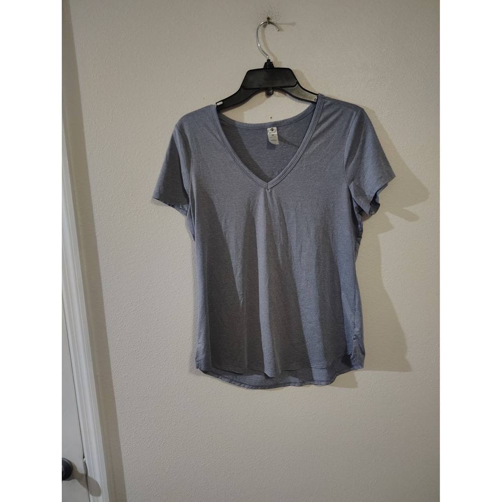 90 Degree by Reflex Womens V-Neck Short Sleeve Activewear Top Heather Gray Blue